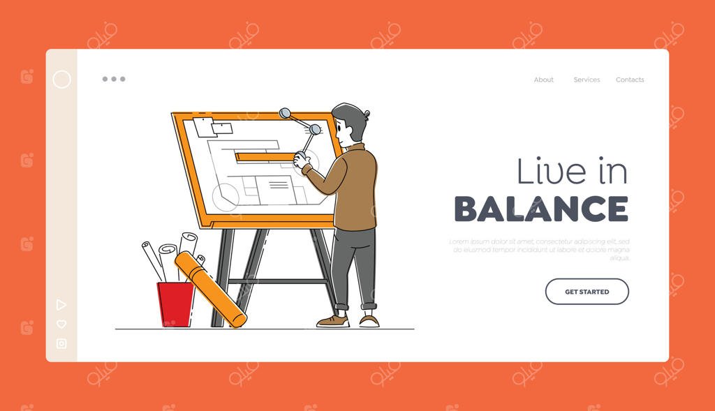 قالب صفحه فرود مشاغل مهندسی و ساختمان‌سازی؛ کاراکتر معمار در حال ترسیم نقشه خانه روی طرح اولیه – تصویرسازی خطی