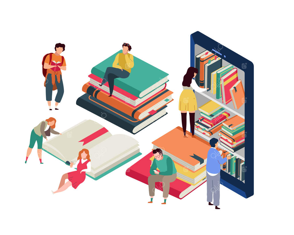 کتابخانه مجازی: باشگاه کتاب آنلاین - افراد کوچک بر روی پشته‌ای از کتاب‌ها، مردان و زنان در حال خواندن ادبیات الکترونیکی - قفسه کتاب و آموزش اینترنتی.