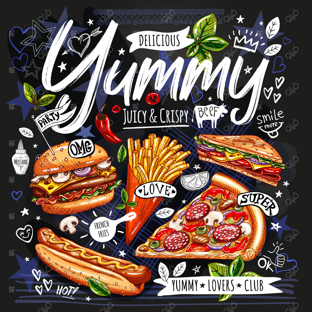 پوستر تبلیغاتی غذا: منوی فست فود برگر، پیتزا، ساندویچ، مرغ، سیب‌زمینی سرخ‌کرده، هات داگ، گریل خوشمزه و کارتونی