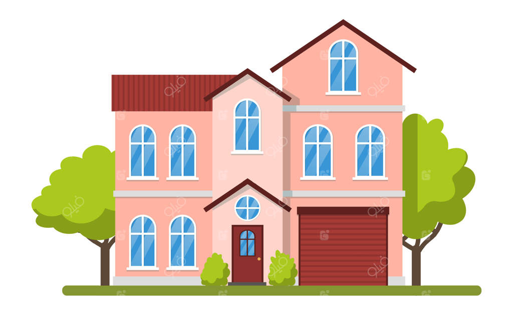 خانه حومه مدرن صورتی با گاراژ و باغ که نشان‌دهنده سبک زندگی راحت است، در دل طبیعت قرار گرفته و دارای پنجره‌های قوسی، سقف کاشی‌کاری و ایوان کوچک می‌باشد.