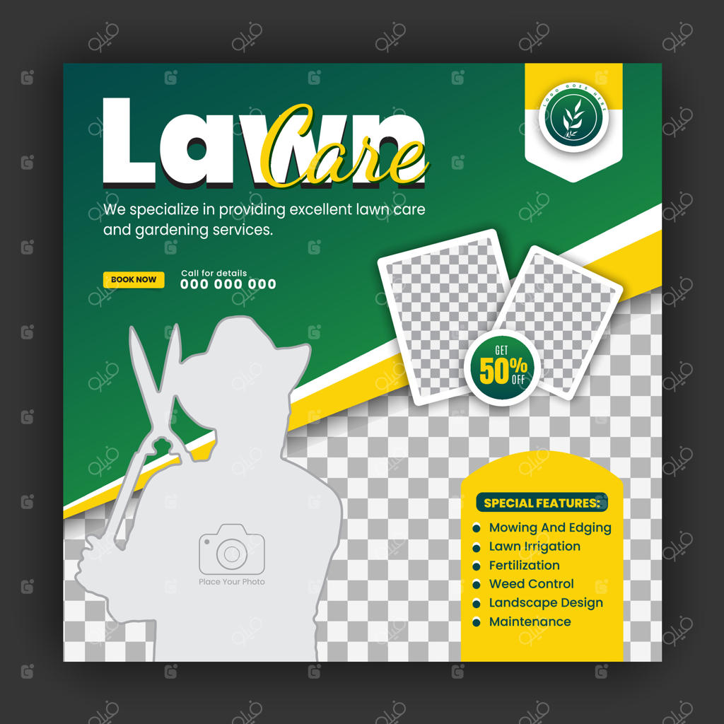 طراحی قالب کاور مدرن شرکت خدمات نگهداری از چمن برای شبکه‌های اجتماعی: کمپین کشاورزی و غذای ارگانیک، بنر وب با اشکال سبز و زرد抽象