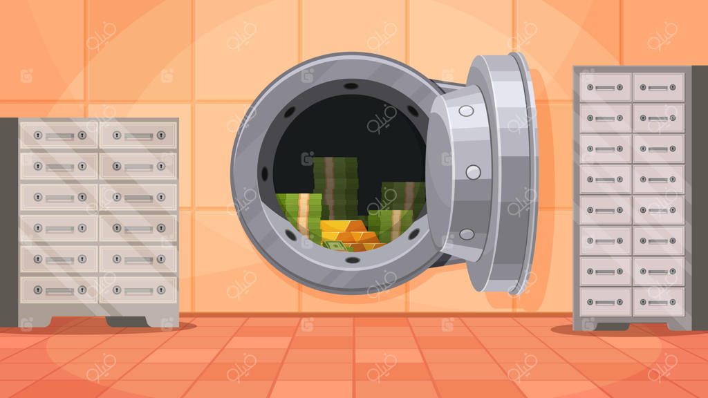 ورودی گاوصندوق بانک با در فلزی باز: تصویر کارتونی اتاق امن و ذخیره‌سازی پول با حفاظت کامل شامل اسکناس‌ها و شمش‌های طلا.