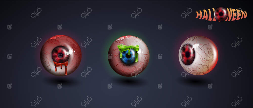 چشم ترسناک هالووین: چشم سرخ و واقعی. چشم‌های وحشتناک انسانی با لکه‌های خون. وکتور.