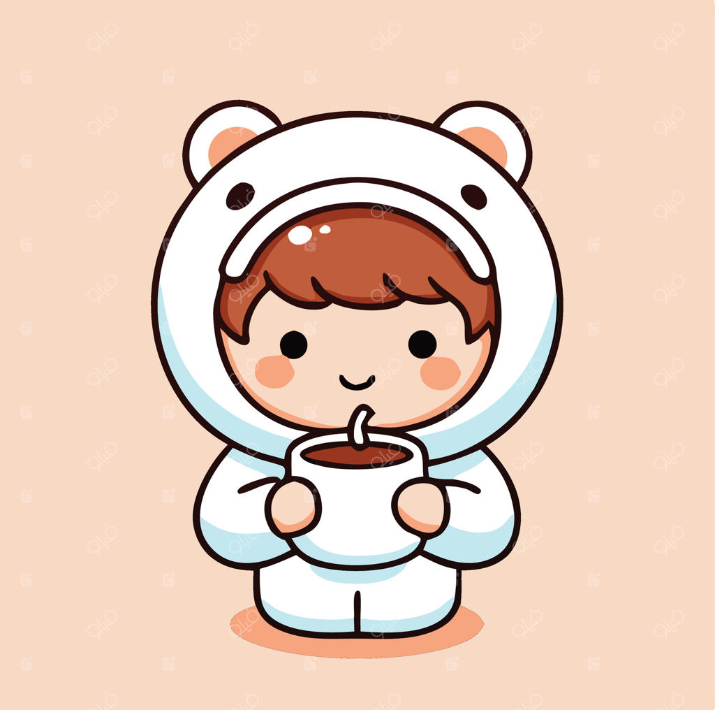 شخصیت کارتونی پسر بامزه در لباس خرس که قهوه می‌نوشد - تصویرسازی