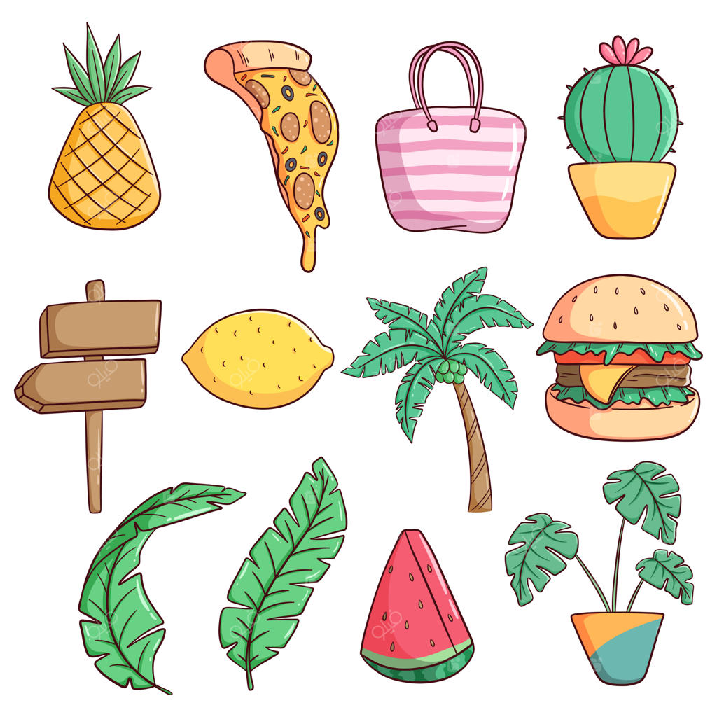 مجموعه‌ای از آیکون‌ها و عناصر بامزه تابستانی با سبک دودل