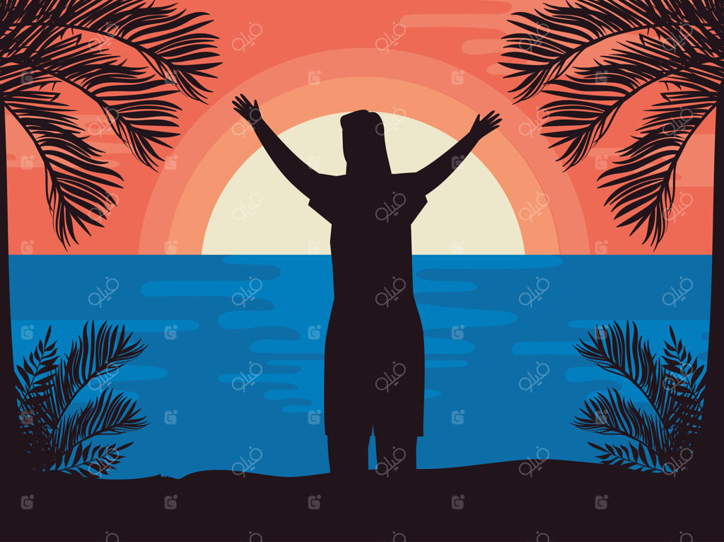 زن مسافر در ساحل هنگام غروب خورشید