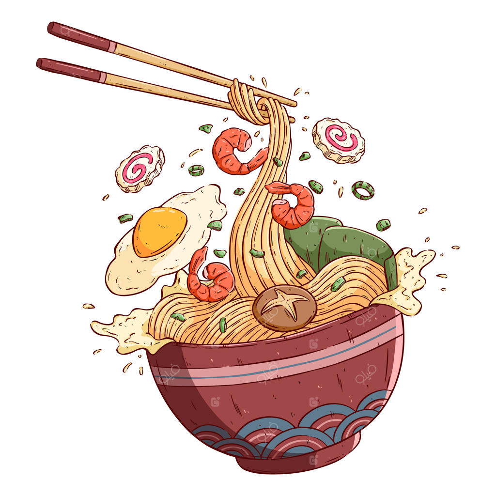 نودل های خوشمزه پرواز کننده یا رامن ژاپنی: طراحی دستی رنگارنگ نودل آسیایی با چوپ‌چنگال