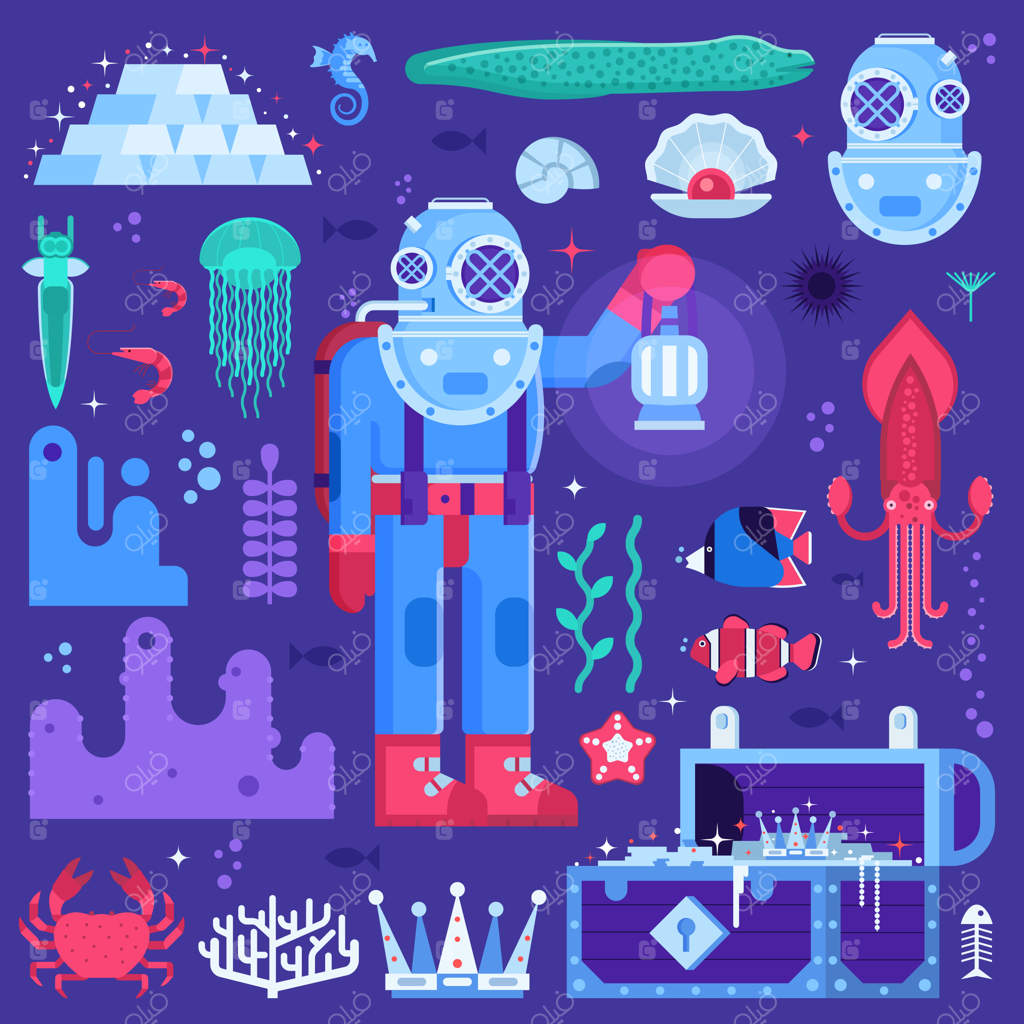 ماجراجویی زیر آب با غواص قدیمی: موجودات دریایی و گنجینه‌های آبی. کاوش در اعماق دریا، شامل نمادهای شیرجه عمیق و جستجوی گنجینه‌ها از جمله صندوق طلایی، تجهیزات غواصی و موجودات کمیاب در بستر دریا.