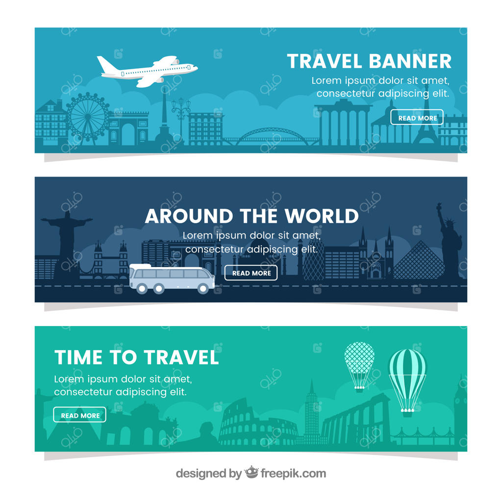 مجموعه‌ای از بنرهای مسافرتی به سبک طراحی تخت