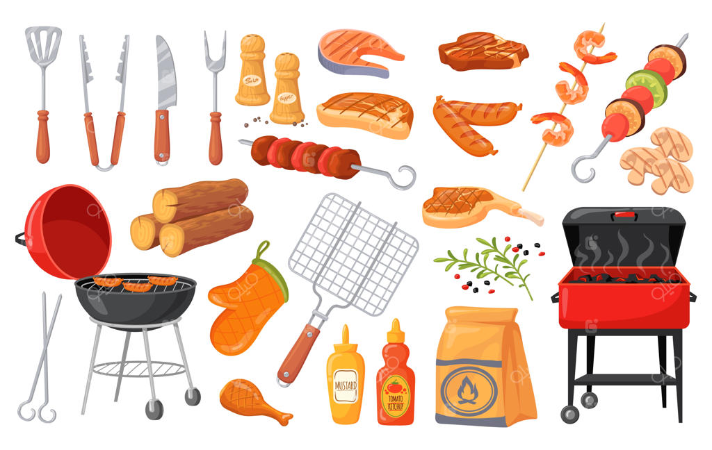 عناصر کارتونی باربیکیو و کباب تابستانی، گریل داغ، غذای پیک‌نیک، استیک گوشت گاو برشته، ماهی، منوی غذا، سرآشپز در حال کباب کردن، همبرگر، کباب، سوسیس و سبزیجات، تصویر وکتور با طراحی تمیز