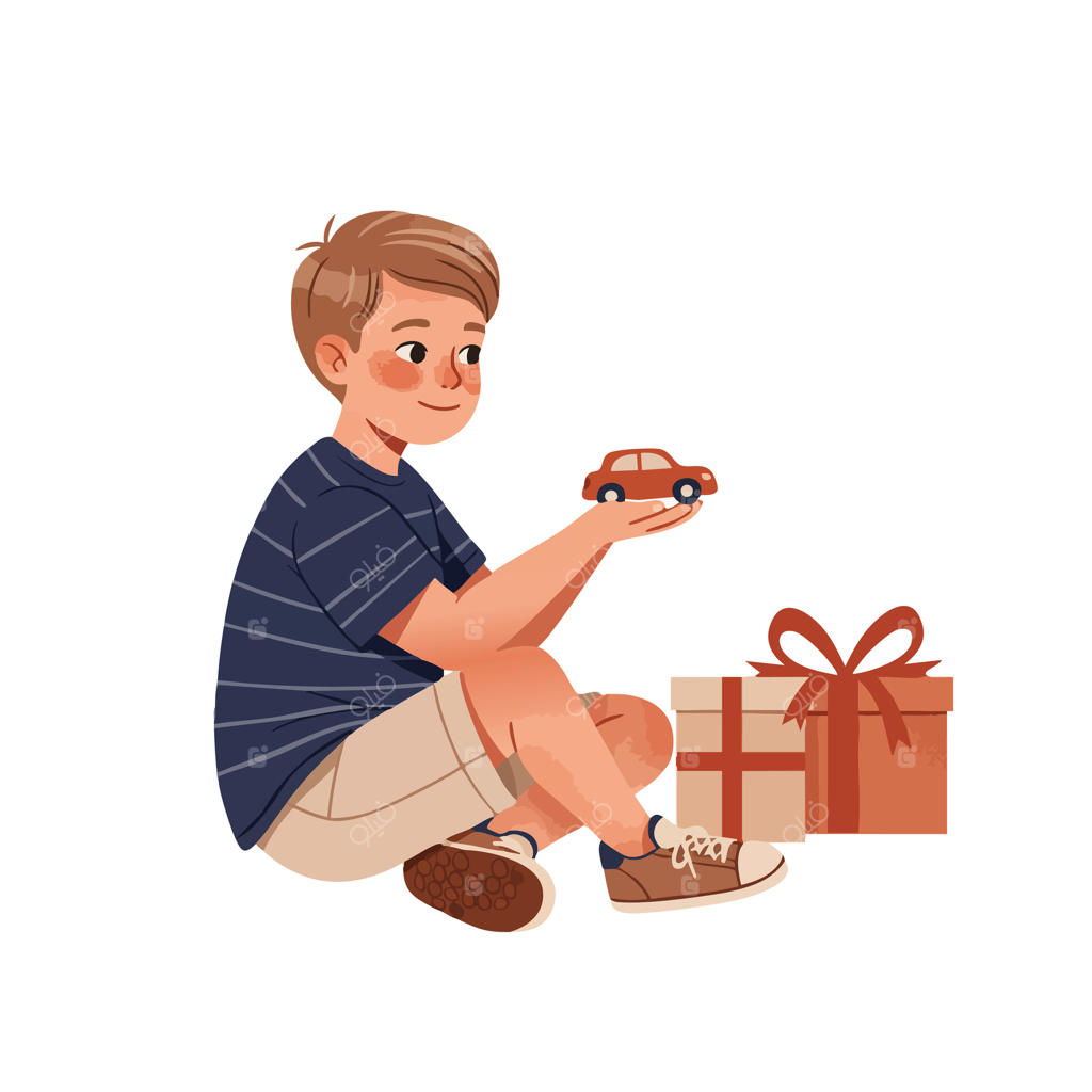 تصویر پسری نشسته روی زمین با لباس راحتی، در حال نگه‌داشتن ماشین اسباب‌بازی در کنار جعبه هدیه