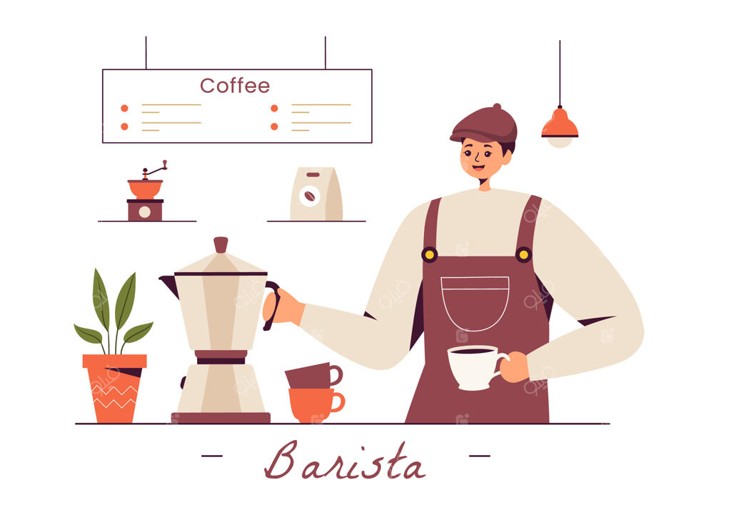 تصویرسازی وکتور از باریستا با پیش‌بند، در حال زدن شیر در فنجان قهوه برای مشتری در سبک کارتون تخت