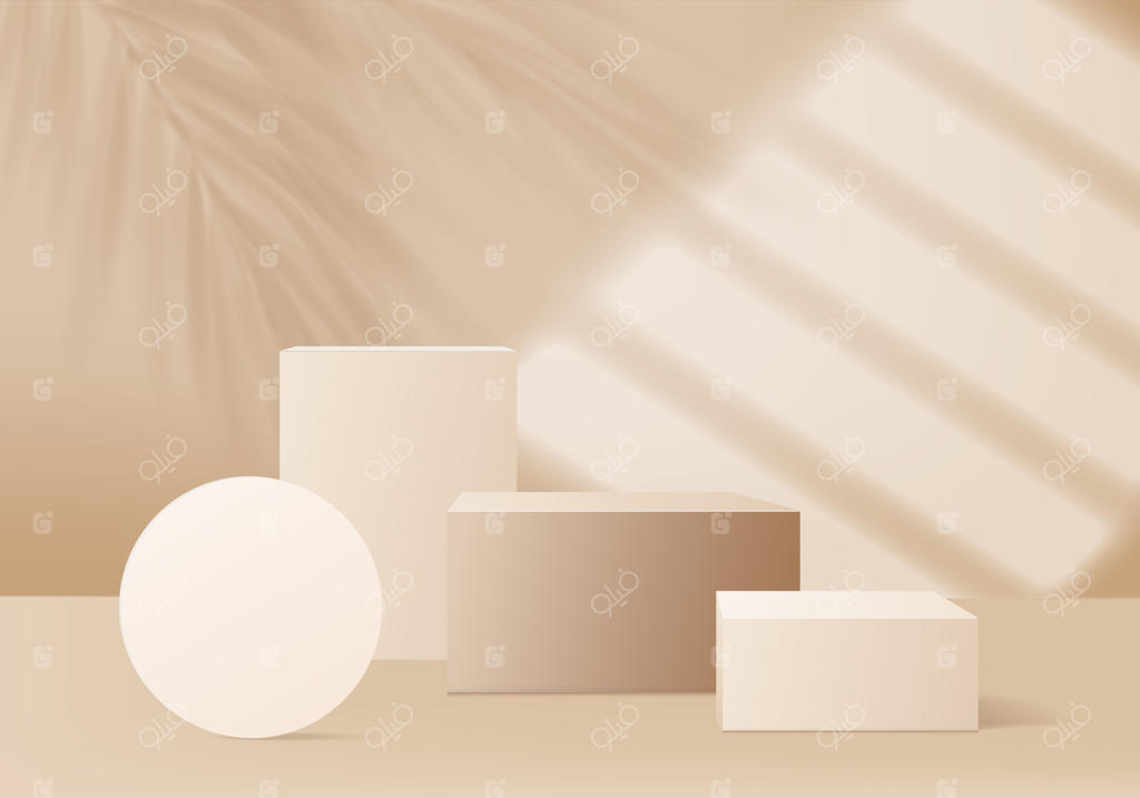 صحنه نمایش محصولات با پس‌زمینه سه‌بعدی و برگ نخل در نور خورشید. رندر سه‌بعدی پس‌زمینه با پایه نمایش. جایگاه نمایش محصول آرایشی. سکو برای نمایش در استودیوی بژ