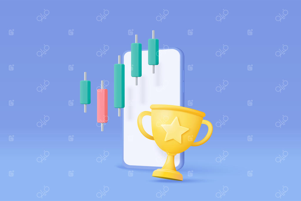 نمودار تجارت موبایل سه‌بعدی با ستاره‌های طلایی جایزه برای تجارت گوشی‌های هوشمند و رشد سرمایه‌گذاری در کسب‌و‌کار مالی - تصویر وکتور نماد سه‌بعدی