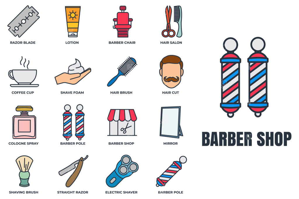 مجموعه آیکون‌های وب برای آرایشگاه: اسپری ادکلن، تیغ، آینه، لوسیون، میله آرایشگری، فنجان قهوه و موارد دیگر - طرح‌های وکتور مفهومی.