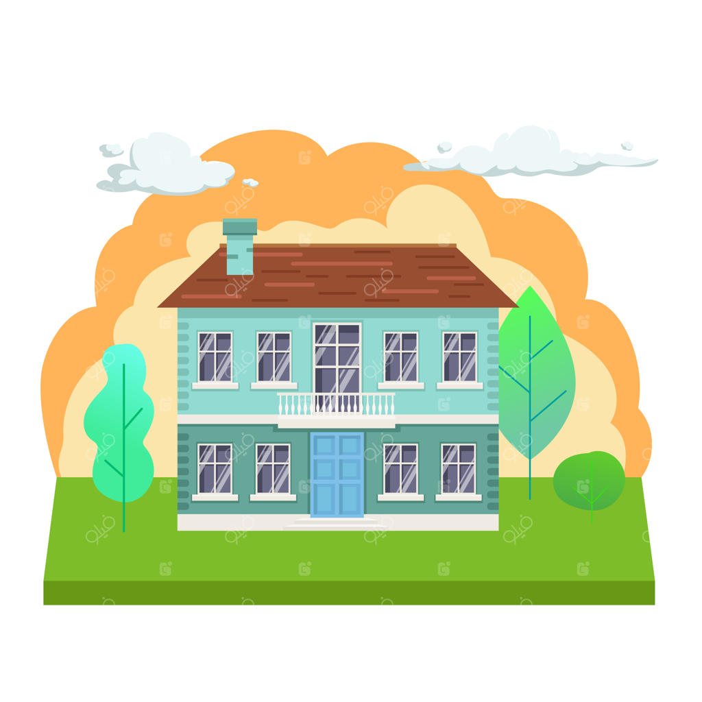 نمای جلوی کلبه با درختان و ابرها