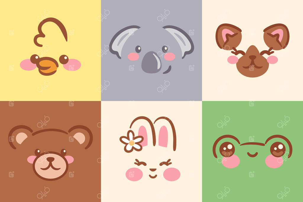 تصویرسازی چهره‌های شاد حیوانات در یک چیدمان شبکه‌ای و فانتزی. هر کاراکتر، از جمله اردک، کوالا، خرس و خرگوش، با حالتی بانمک و در پس‌زمینه‌ای رنگارنگ به تصویر کشیده شده است.