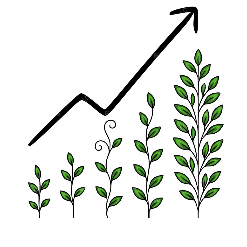 تصویر برگ‌های سبز و بلند شونده با فلش مشکی رو به بالا، نماد رشد و پیشرفت