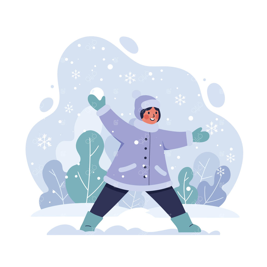 کودک در حال بازی در منظره برفی زمستانی با پالتو و دستکش و لذت بردن از فضای باز زیر بارش دانه‌های برف