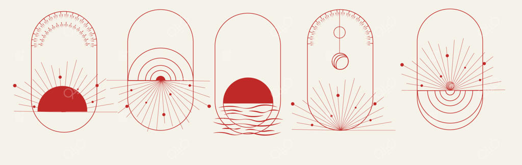 لوگوهای خطی اسرارآمیز به سبک بوهو و عناصر قاب. تصویر وکتور. رنگ بژ. خطی به سبک بوهیمین