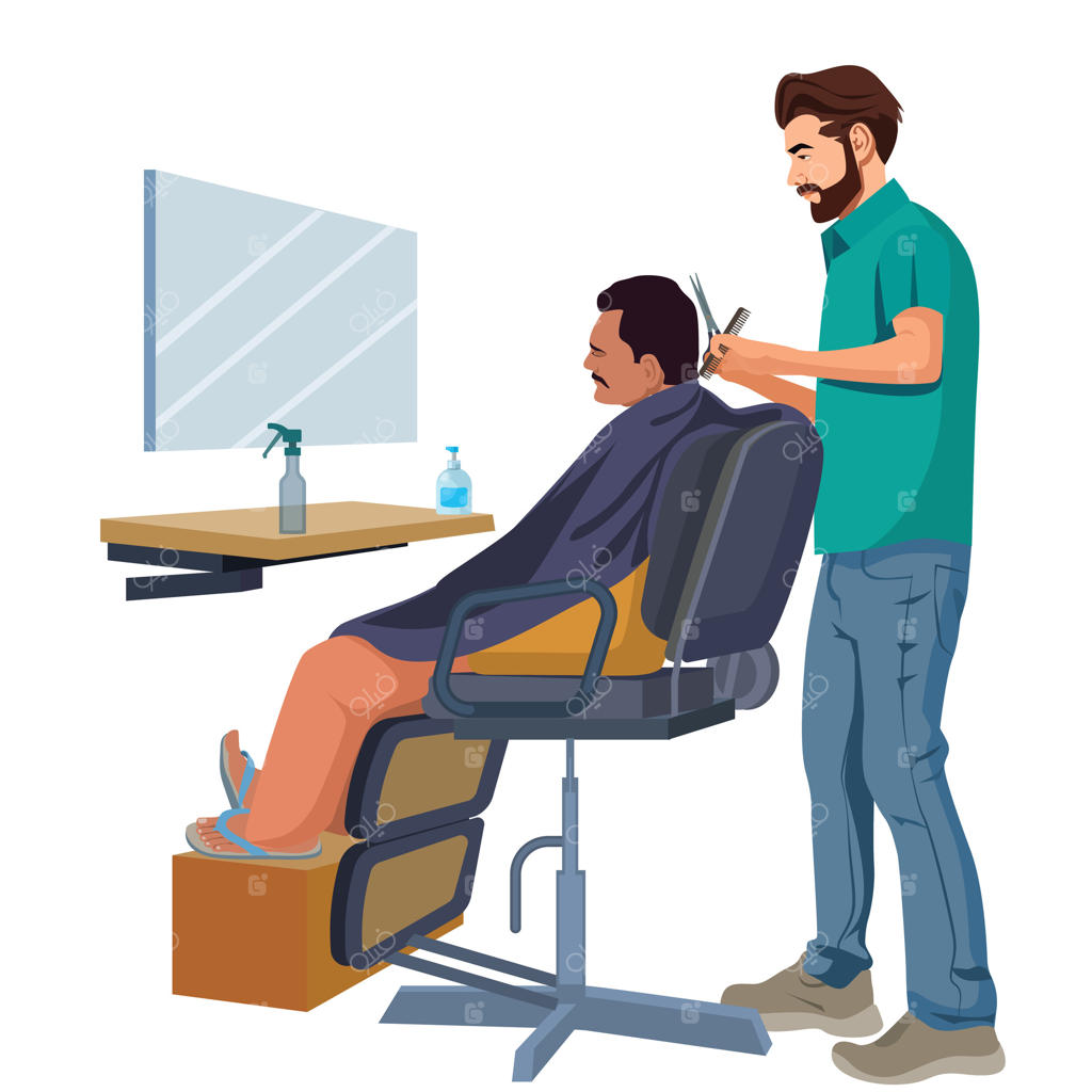 آرایشگر در حال کوتاه کردن و شانه زدن موهای مرد در آرایشگاه مردانه