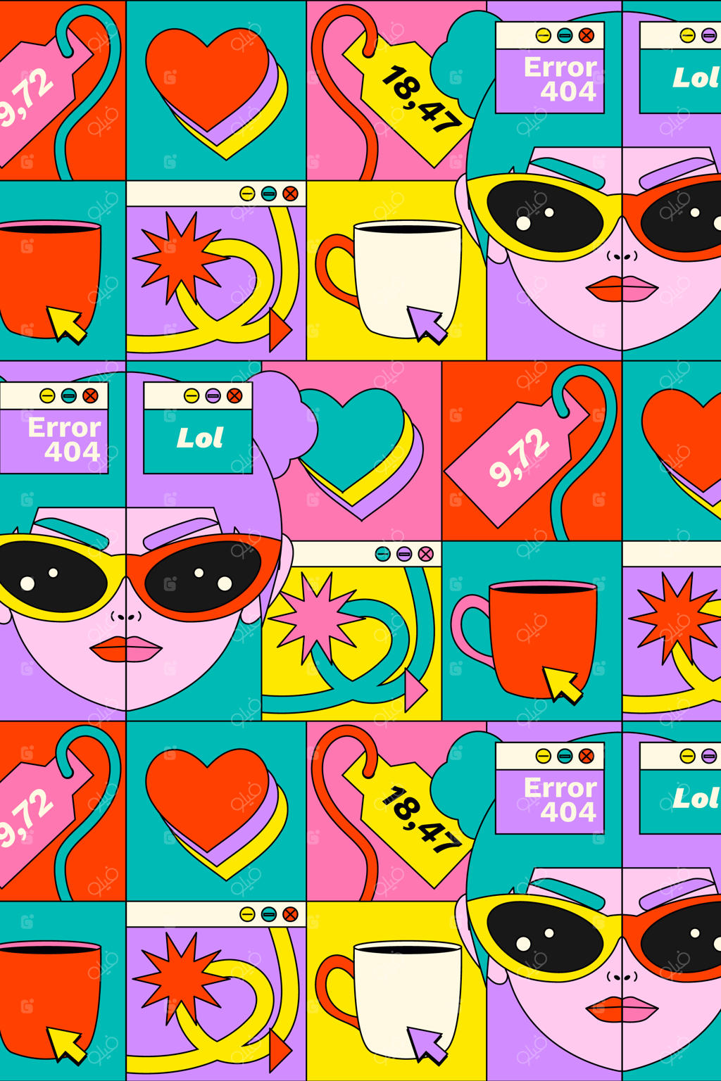ترکیب هنری پاپ رترو با چهره‌ها، قلب‌ها و عناصر رنگارنگ