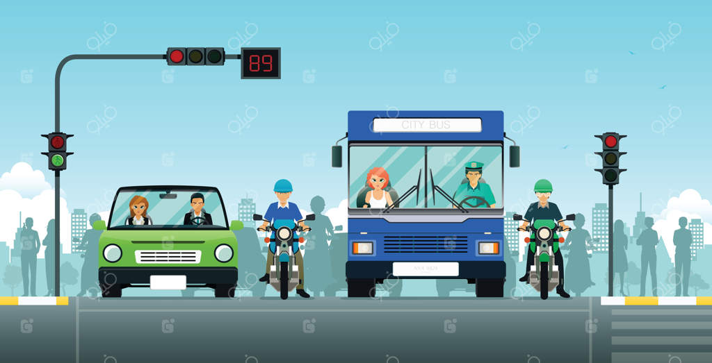 ماشین‌ها و موتورسیکلت‌ها منتظر چراغ راهنمایی هستند.