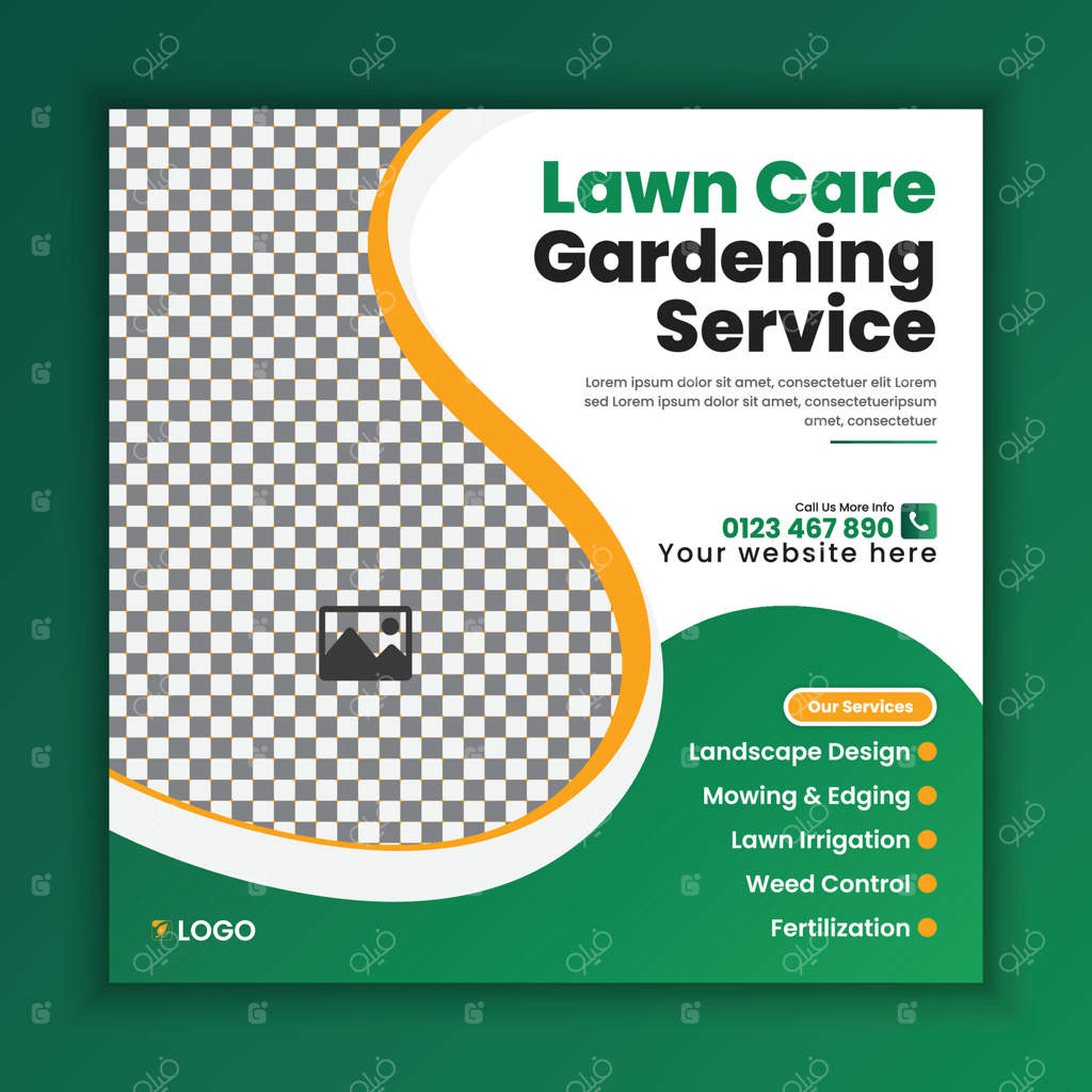 طراحی پست شبکه‌های اجتماعی برای خدمات نگهداری از چمنزار، باغ و فضای سبز. قالب مربع تراکت دستگاه چمن‌زن، قالب پست شبکه‌های اجتماعی برای خدمات کشاورزی