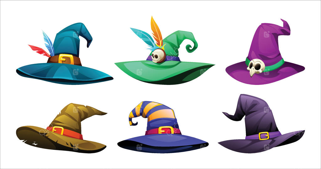 ست کلاه‌های جادوگری در رنگ‌ها و سبک‌های متنوع، با طراحی‌های دقیق و زیبا. تصویر کارتونی