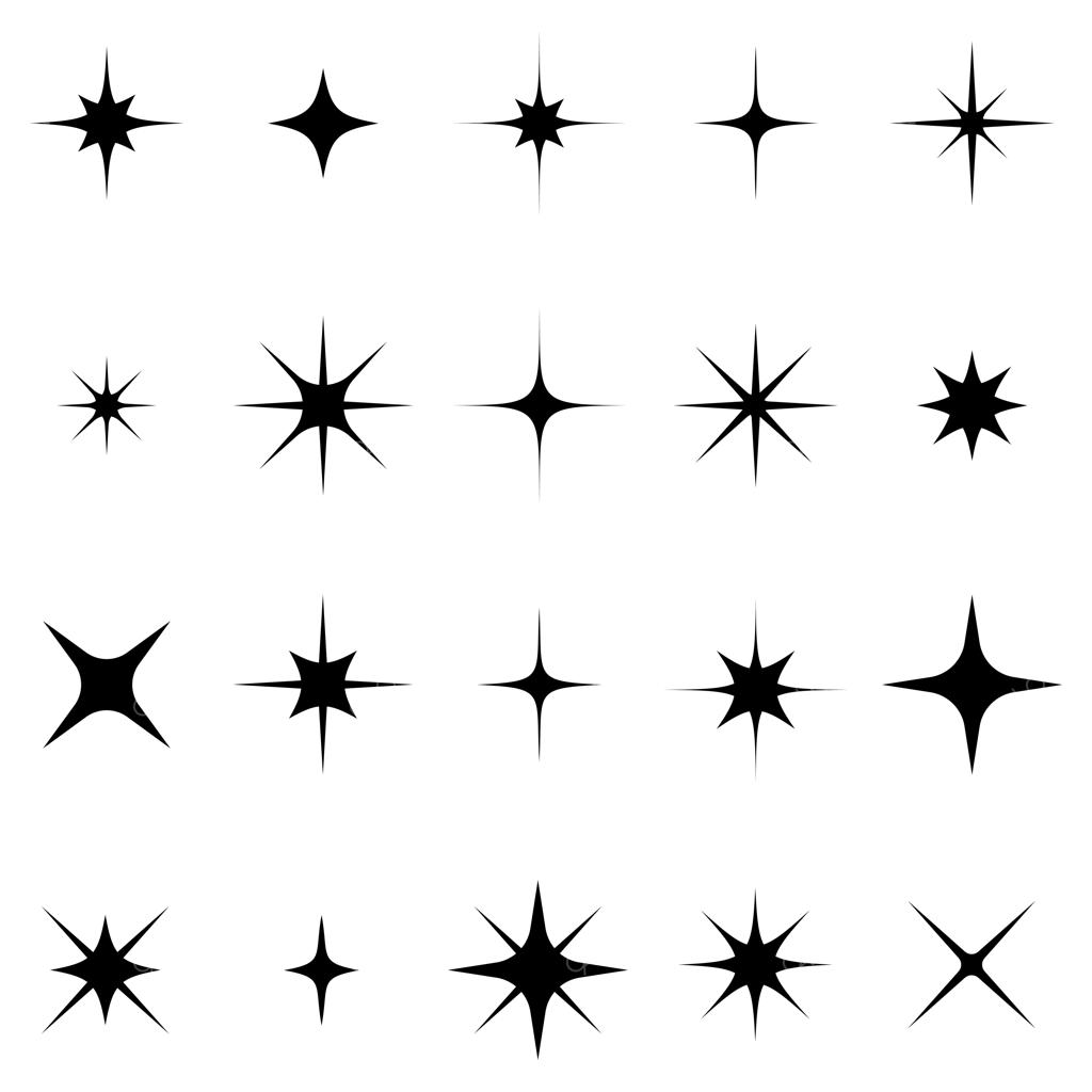 مجموعه وکتور آیکون‌های ستاره، درخشش و جرقه‌های سیاه متنوع در پس‌زمینه سفید