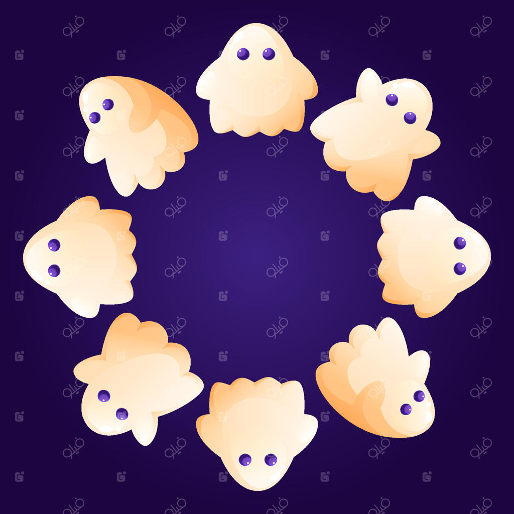 طرح قاب گرد برای هالووین با طراحی شبح‌ها. حلقه‌ای از آب‌نبات و شیرینی به شکل شبح. الگوی مناسب برای دعوت‌نامه‌ها و کارت‌های تبریک هالووین ترسناک.