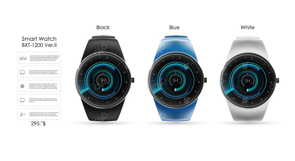 تصویر واقع‌گرایانه از ساعت هوشمند، قابلیت‌های فناوری و پترن متن. تصویر هوشمند.