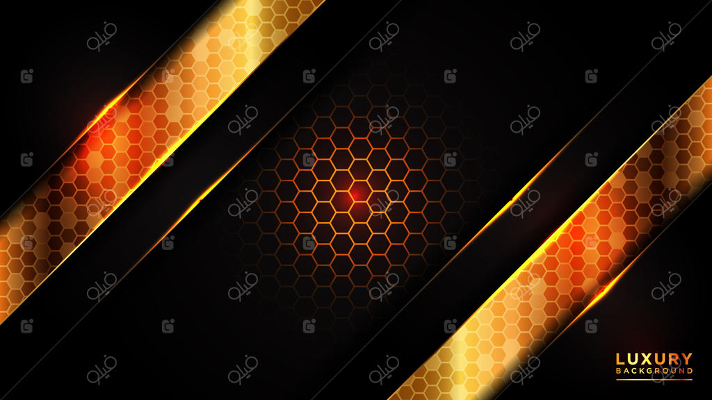 پس‌زمینه انتزاعی و لوکس با الگوی شش‌ضلعی طلایی و لایه‌های تیره هم‌پوشان