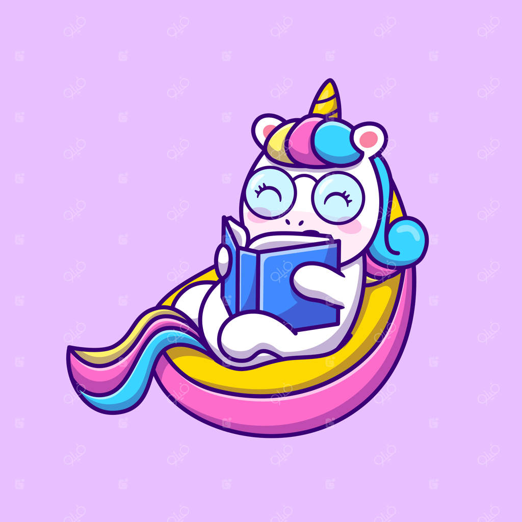 تصویر کارتونی آیکون یونیکورن بامزه در حال کتاب خواندن.