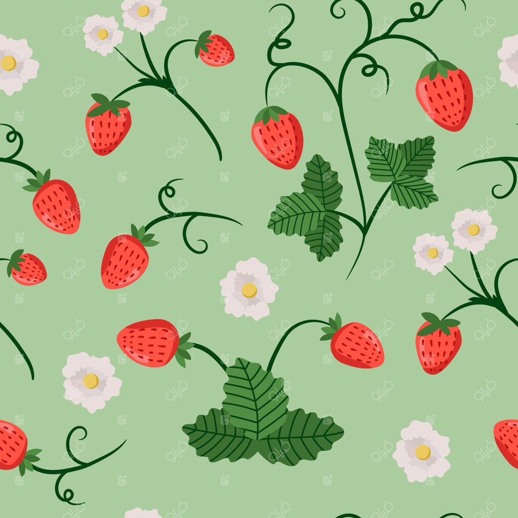 پترن جذاب توت‌فرنگی و گل به صورت وکتور حرفه‌ای