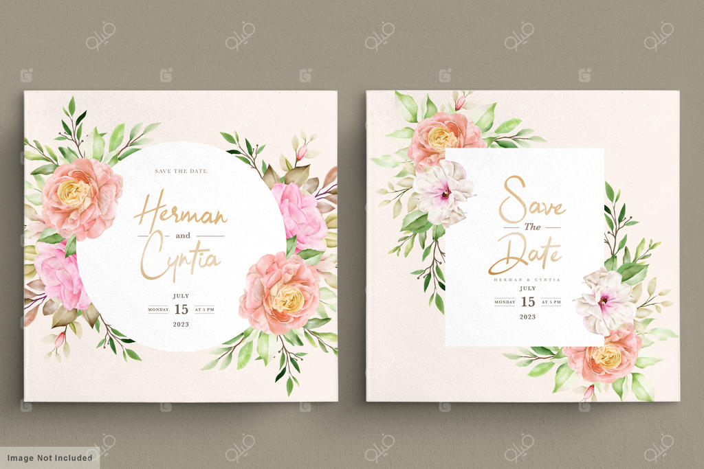 کارت دعوت با طرح آبرنگی بهاری از گل‌ها و برگ‌ها