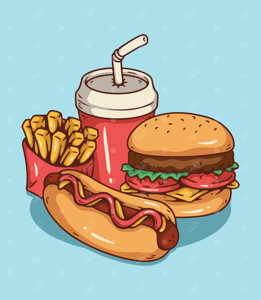 فست ‌فود: همبرگر، هات‌ داگ، سیب‌ زمینی سرخ‌ کرده و نوشیدنی‌ها (وکتور با کیفیت)