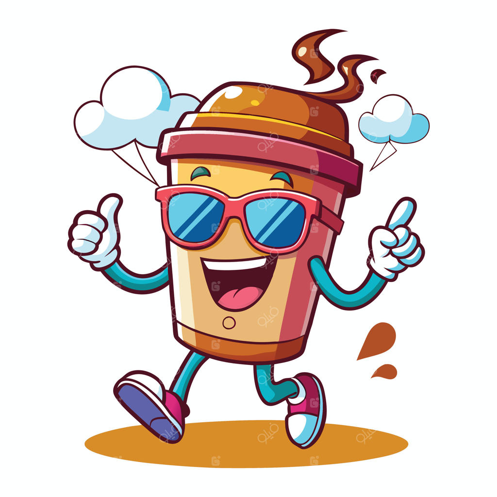 شخصیت فنجان قهوه با عینک آفتابی و انگشت شست بالا در حال دویدن