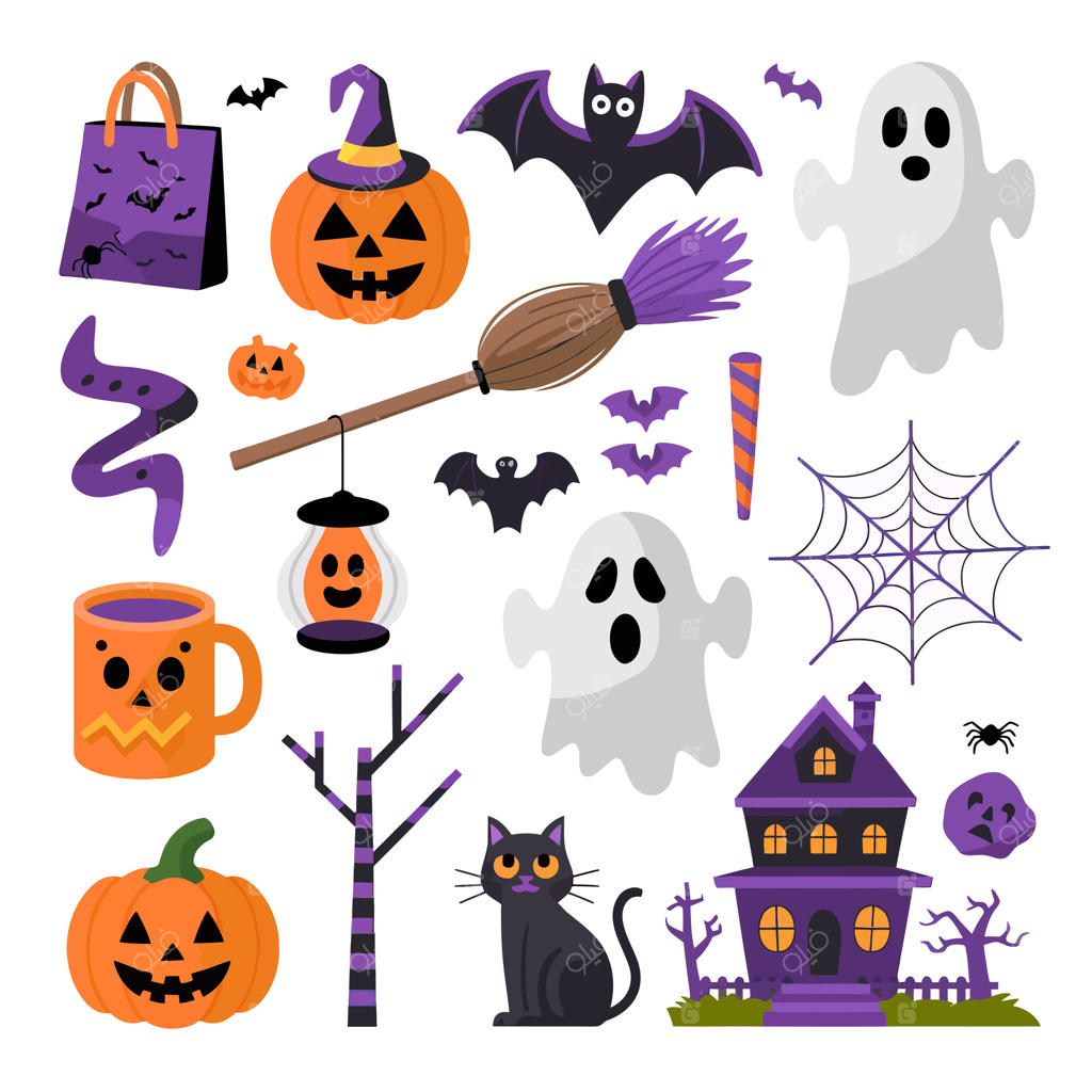 مجموعه‌ای از آیتم‌های هالووین شامل جادوگر و جارو