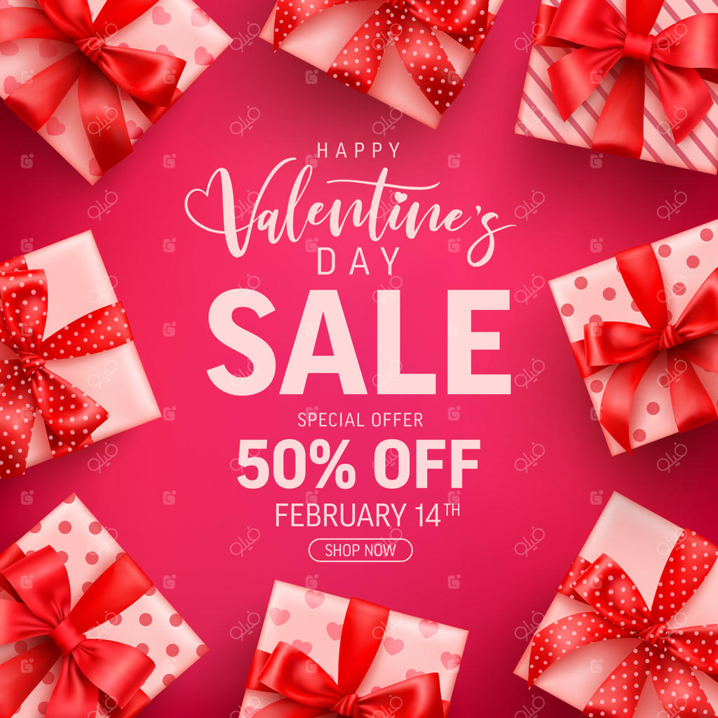 تخفیف ویژه روز ولنتاین: ۵۰٪ تخفیف با جعبه هدیه زیبا روی پس‌زمینه صورتی