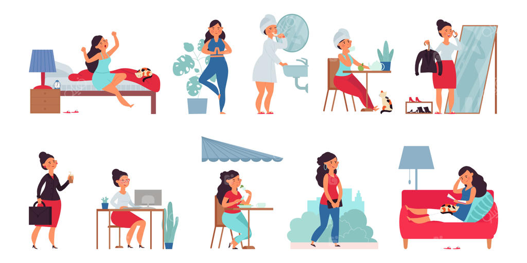 روتین روزانه زنان مدرن: یوگا، بیدار شدن صبح در تخت، قهوه هنگام صبحانه، دفترکار دختر شیک و شخصیت وکتوری