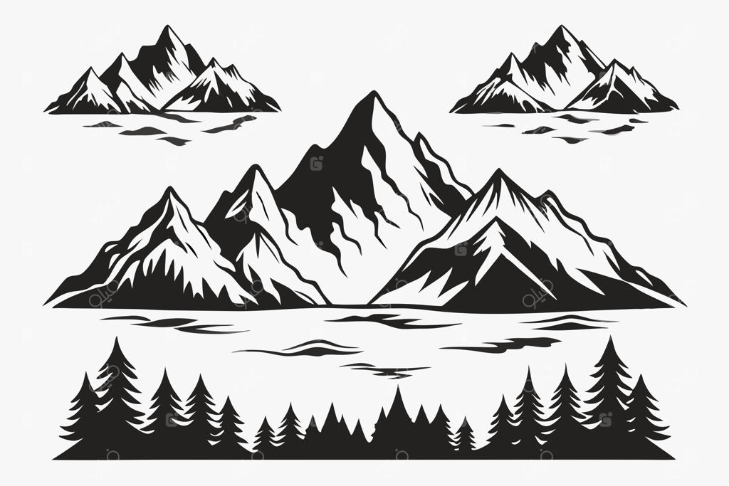 عکس سیاه و سفید از یک کوه با منظره کوهستانیِ برفی در پس‌زمینه