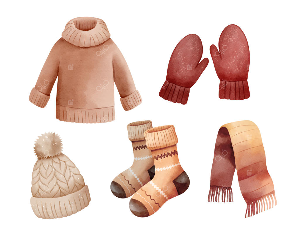 کلکسیون لباس‌های راحتی دست‌کشیده. لوازم زمستانی گرم مثل ژاکت، دستکش، جوراب پشمی، کلاه و شالگردن