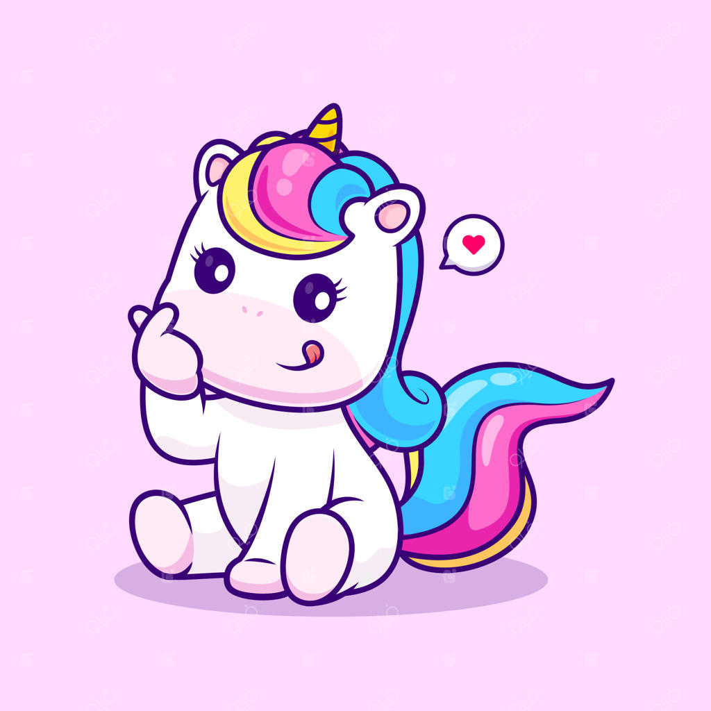 تک‌شاخ بامزه با علامت قلب کره‌ای - وکتور کارتونی حیوانات و طبیعت