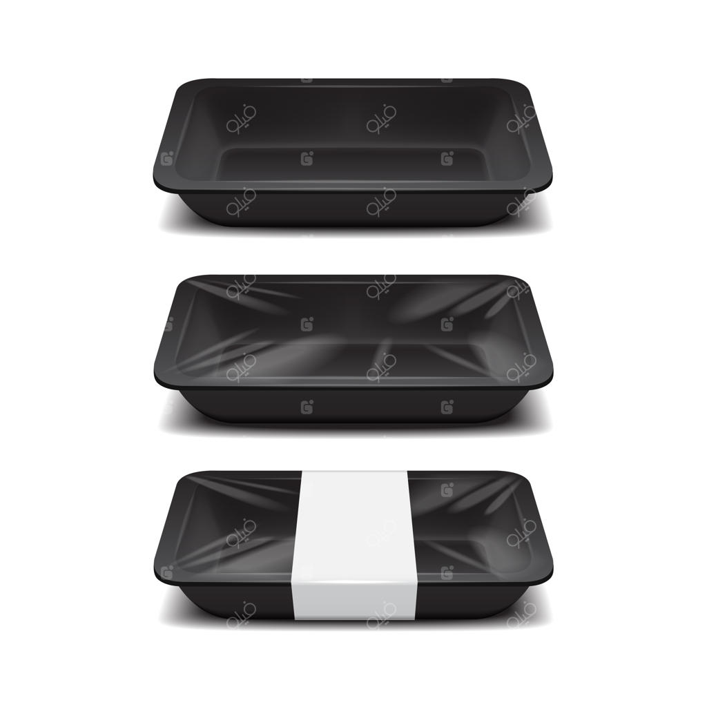 ظروف خالی استایروفوم برای غذا: سینی پلاستیکی سیاه و ظرف‌های فومی غذا با برچسب سفید