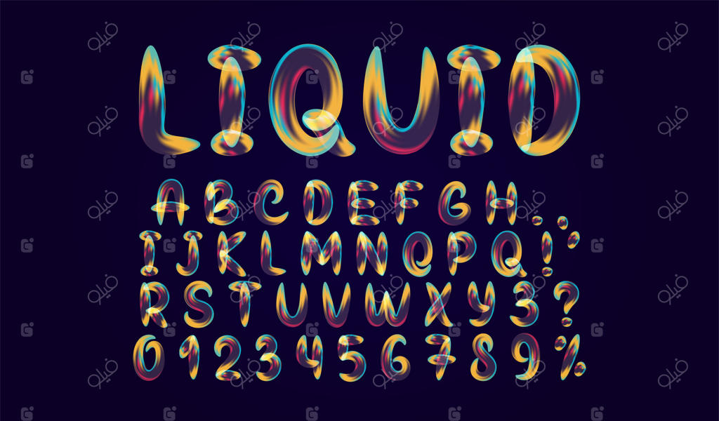 فونت الفبای شبیه به مایع در حال ذوب شدن با گرادیان رنگی، حروف انگلیسی نرم و انتزاعی. طراحی حروف و اعداد سه‌بعدی به صورت ایزوله روی زمینه‌ی مشکی. تصویر برداری وکتور.