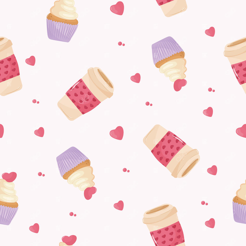 پترن یکپارچه با کاپ‌کیک، قهوه و قلب‌ها. روز ولنتاین شاد، مفهوم عشق و رمانتیک. مناسب برای طراحی محصول، اسکرپ‌بوکینگ، پارچه، کاغذ کادو. EPS 10