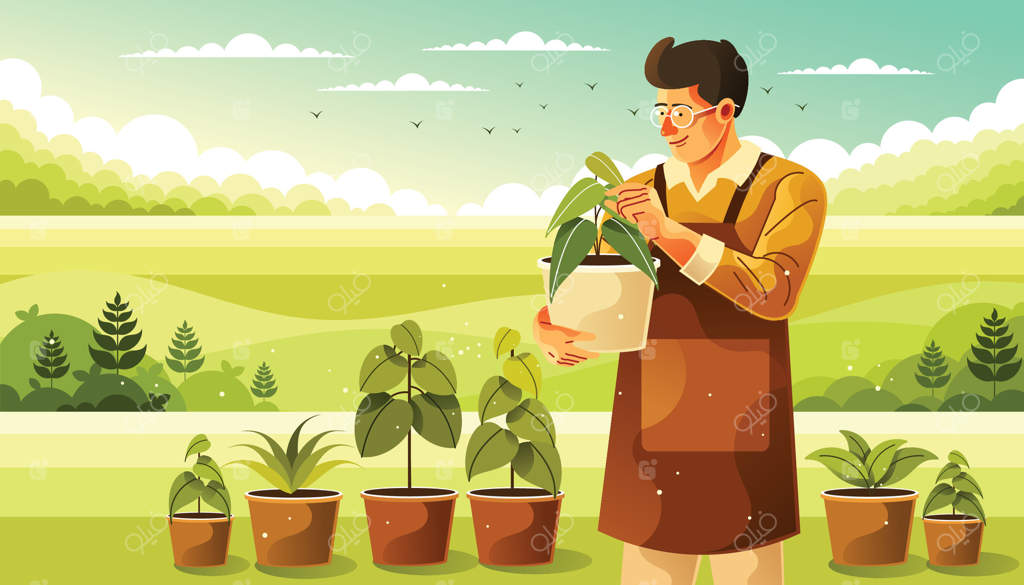 تصویر باغبان جوان در حال مراقبت از گیاهان