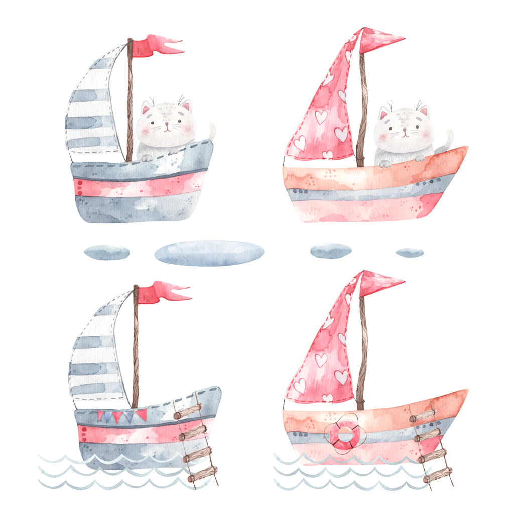 مجموعه‌ای از قایق‌های بادبانی، کشتی‌ها و قایق‌های تفریحی با یک گربه درونشان، در حال سواری بر امواج؛ طراحی مناسب اتاق کودکان، دعوتنامه‌ها، دکور و برچسب‌ها.