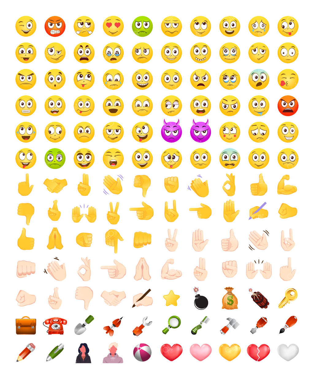 مجموعه ایموجی‌های صورت و دست بر روی پس‌زمینه سفید، به همراه مجموعه‌ای از آیکون‌های خندان.